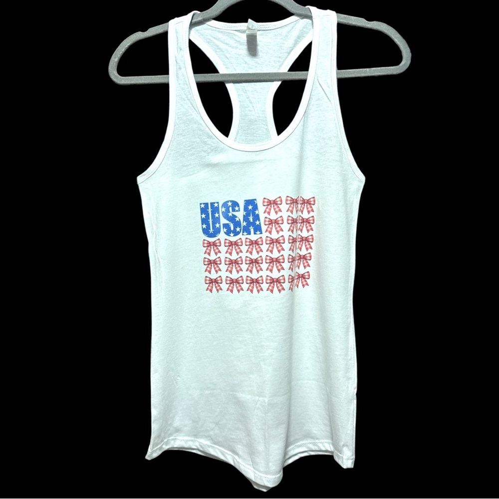 New Custom White USA Tank Top with Red and Blue Design